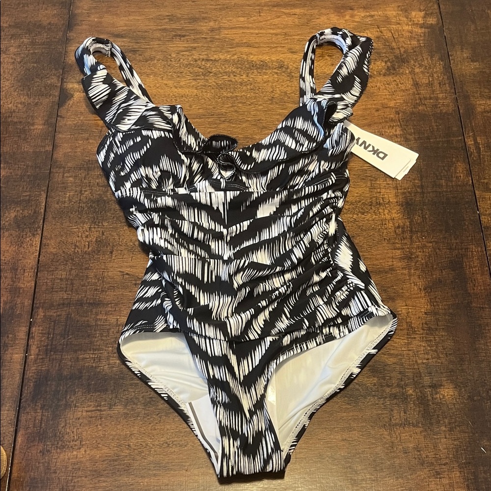 DKNY Monochrome Patterned Ruffled V-Neck Ruched Body One Piece Swimsuit